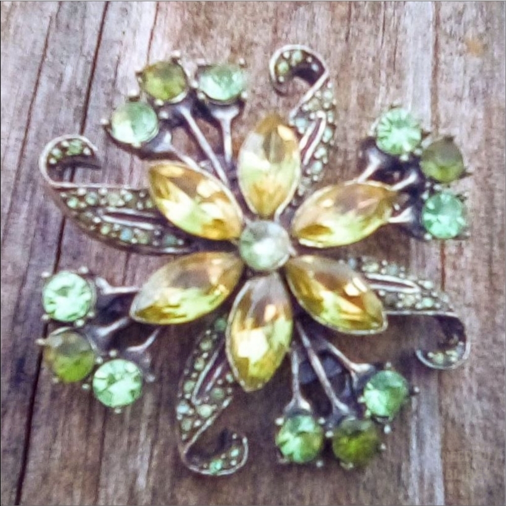 Vintage Rhinestone Floral Brooch Yellow Green Silver Tone
